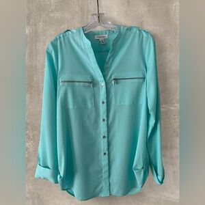 Calvin Klein Blouse Small Aqua Blue Zip Pocket Roll Sleeve Top